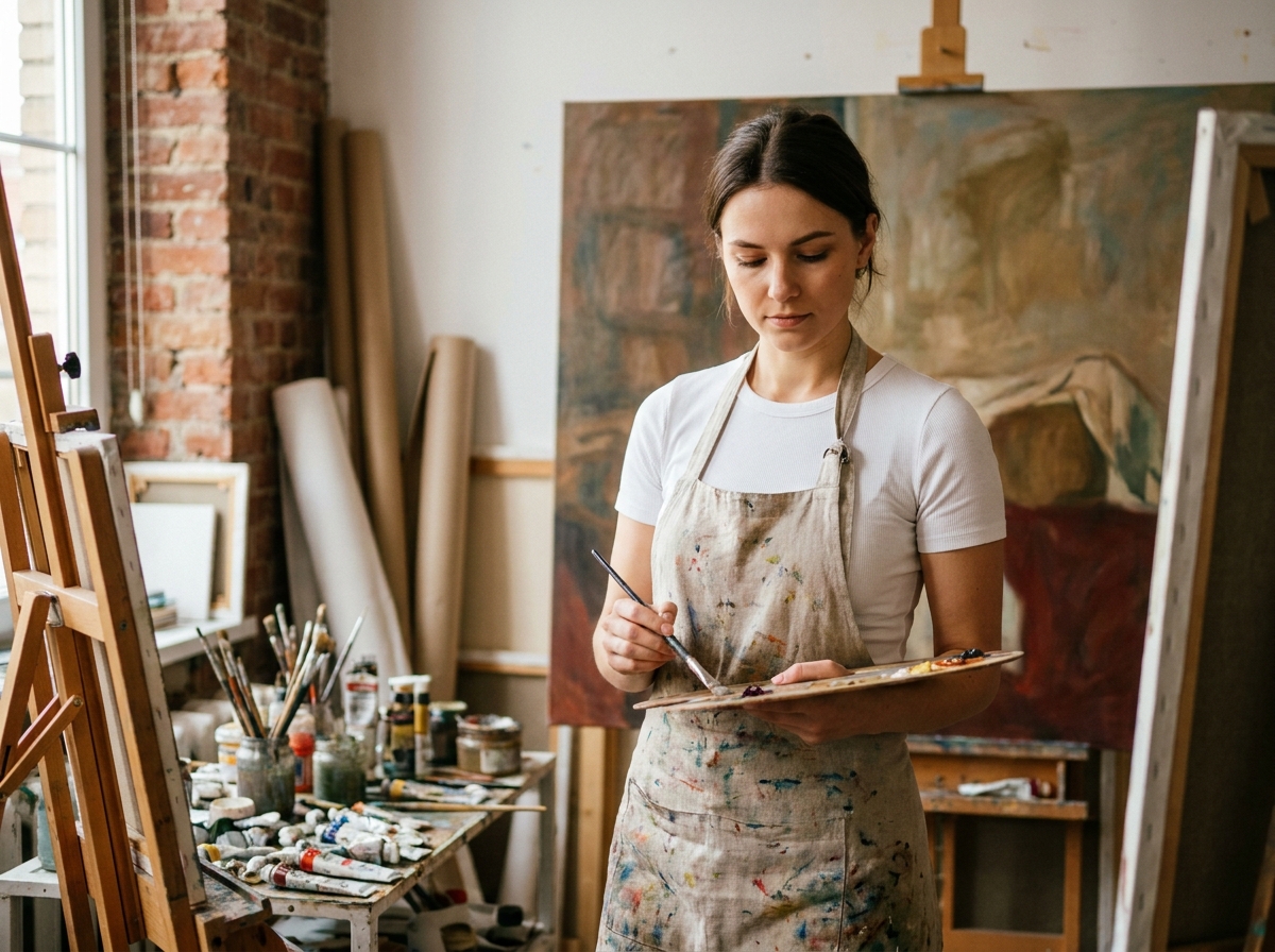 Jeune femme artiste peintre dans un atelier professionnel mélangeant des couleurs sur une palette en bois devant une grande toile