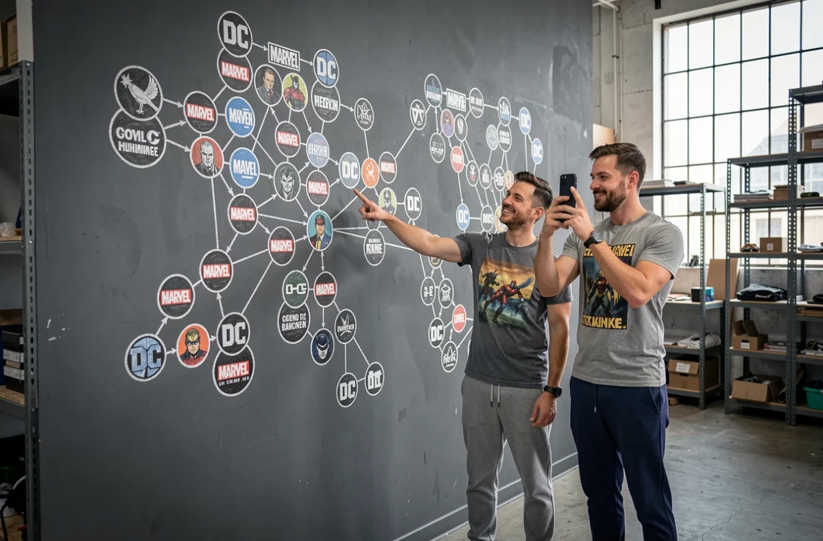 Deux hommes devant une grande fresque murale représentant les alliances et équipes de personnages Marvel et DC Comics