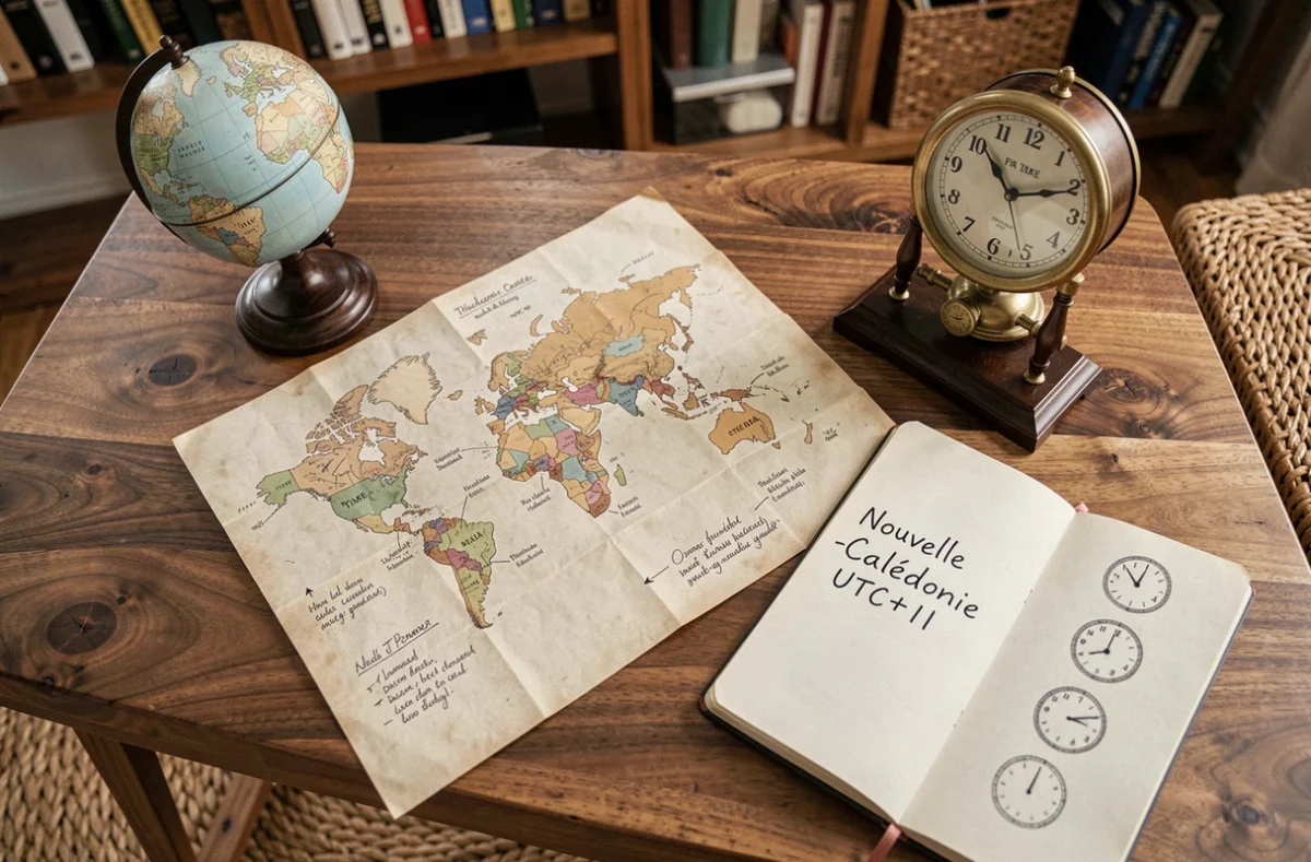 Vue de dessus d'un bureau avec carte des fuseaux horaires et horloge illustrant le décalage horaire de la Nouvelle-Calédonie UTC+11