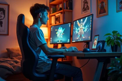 Jeune homme gamer regardant son écran dans sa chambre cosy