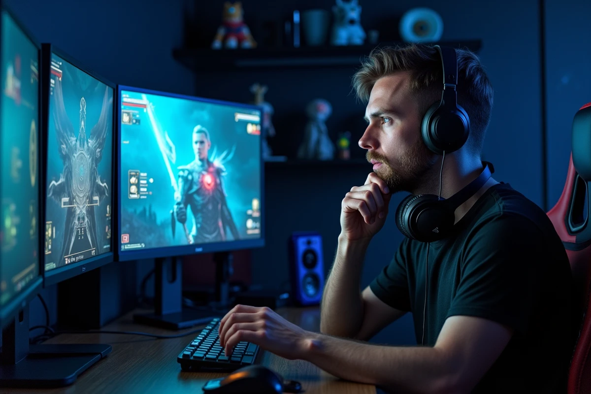Gamer concentré devant un setup PC triple écran affichant des arbres de compétences d'un jeu de rôle fantastique
