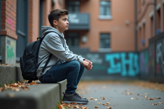 Adolescent pensif en hoodie dans une cour d'école urbaine