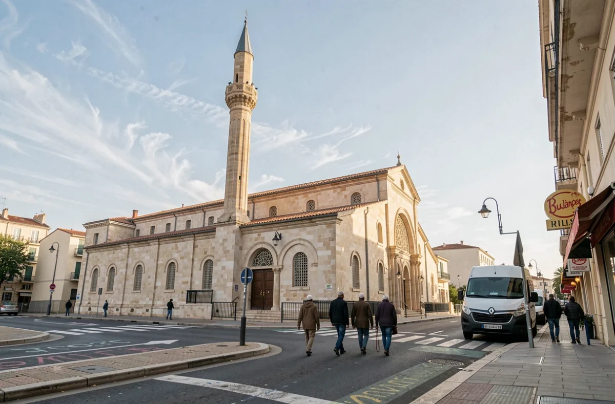 Vue extérieure de la grande mosquée de Marseille avec des fidèles se rendant à la prière du vendredi