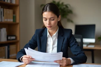 Femme fonctionnaire étudiant la grille indiciaire d'attaché territorial dans un bureau administratif municipal