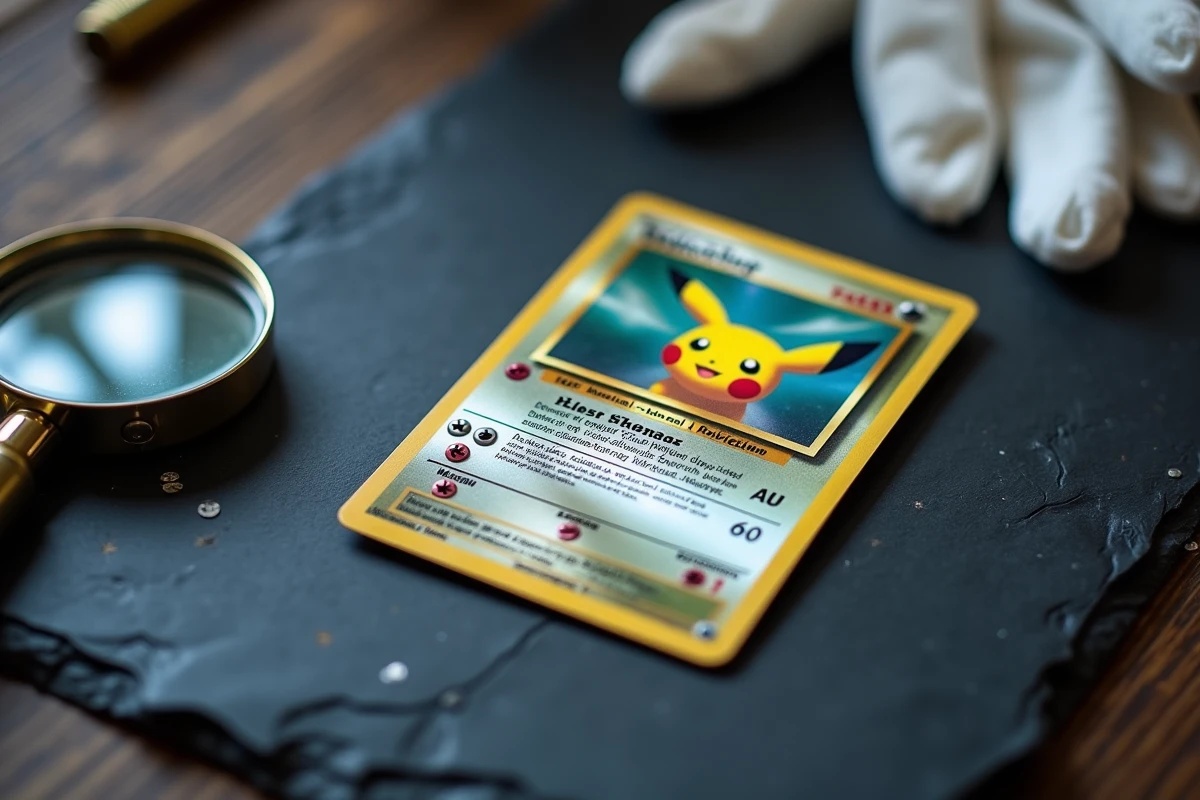 Gros plan d'une carte Pokémon rare holographique avec loupe de joaillier et gants blancs pour inspection