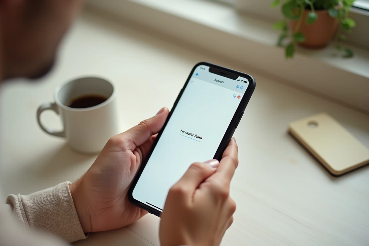 Gros plan sur un smartphone affichant aucun résultat lors d'une recherche inversée de numéro de téléphone