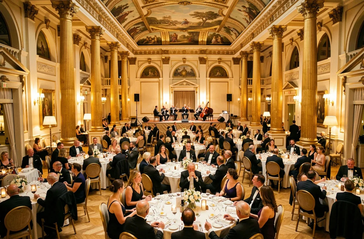 Gala corporate élégant dans un grand hôtel Belle Époque de Deauville avec quatuor à cordes et invités en tenue de soirée