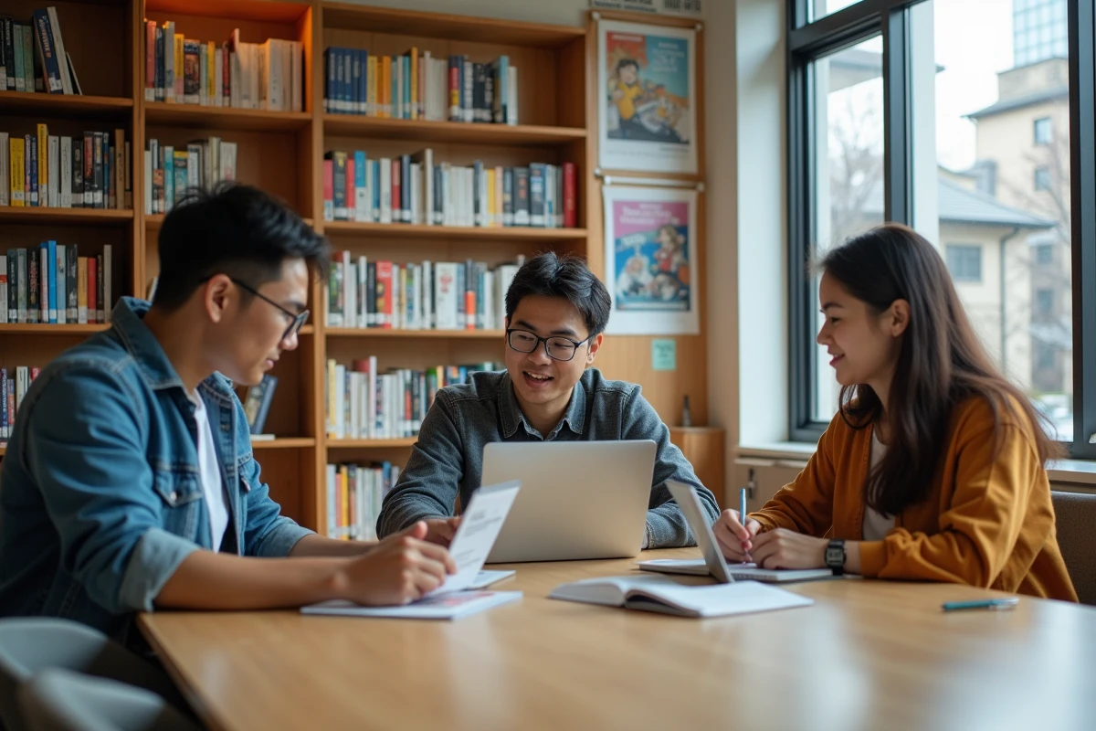 Groupe de bénévoles discutant autour d une table dans une bibliothèque