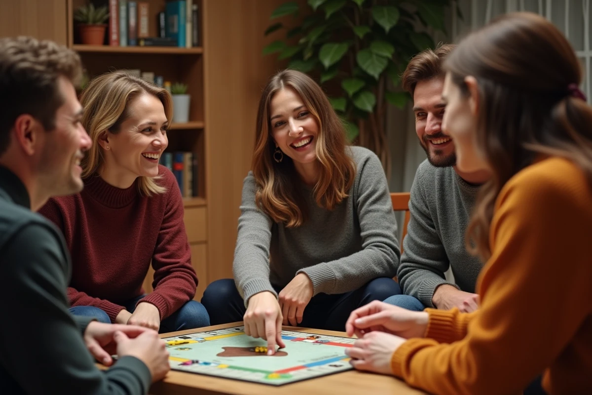 Groupe de personnes jouant au Monopoly dans un salon convivial