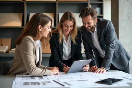 Groupe de professionnels en discussion dans un studio moderne