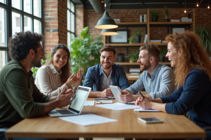 Groupe divers de collègues en réunion dans un open space moderne