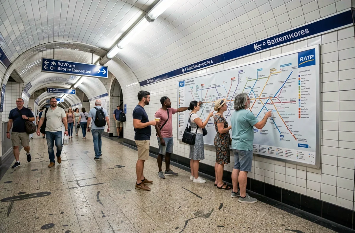 Groupe de voyageurs consultant un grand plan du métro parisien affiché dans une station de correspondance pendant les grands événements olympiques