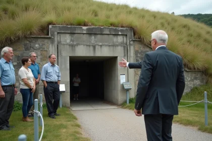 Guide expliquant l'entrée d'un bunker en pleine nature
