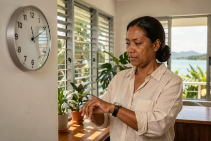 Femme en Nouvelle-Calédonie consultant l'heure sur une horloge murale dans un bureau avec vue sur le lagon