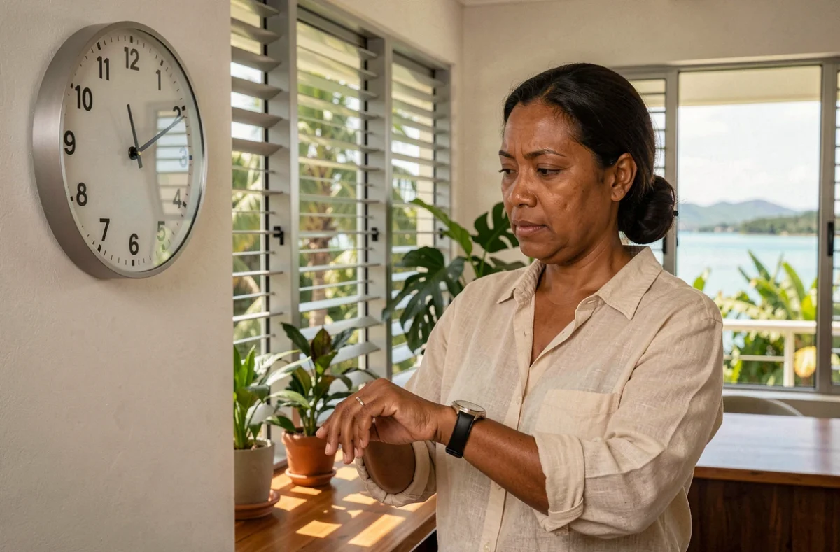 Femme en Nouvelle-Calédonie consultant l'heure sur une horloge murale dans un bureau avec vue sur le lagon