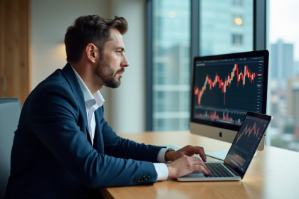 Homme d'affaires en blazer analysant des graphiques financiers