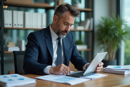 Homme d'affaires en costume bleu analysant des documents financiers