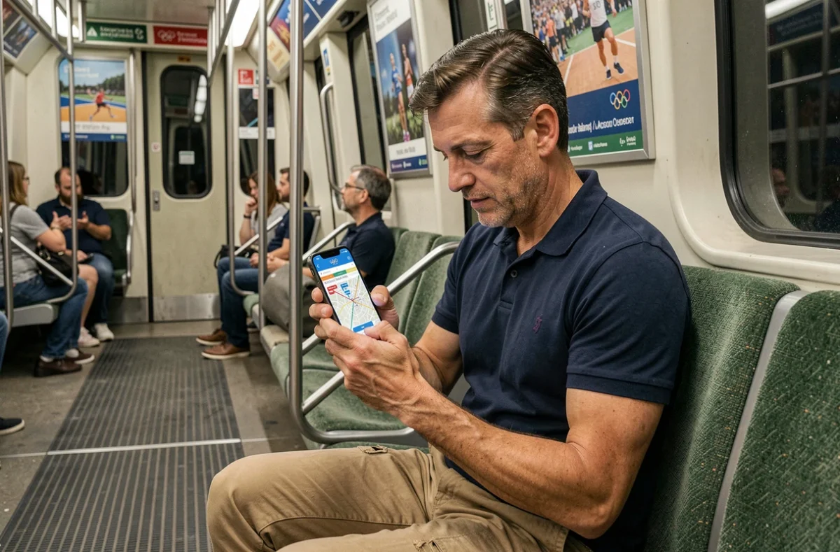 Homme utilisant une application de plan du métro parisien dans un RER pour éviter les foules des JO