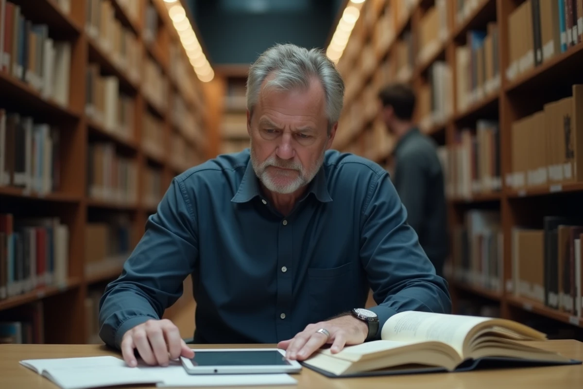 Homme dans une bibliothèque universitaire consultant une encyclopédie collaborative en ligne sur tablette entouré de livres de référence