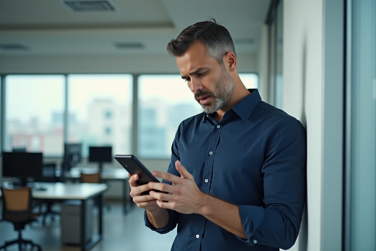 Homme en bureau consultant son téléphone après l'échec d'une recherche inversée de numéro inconnu