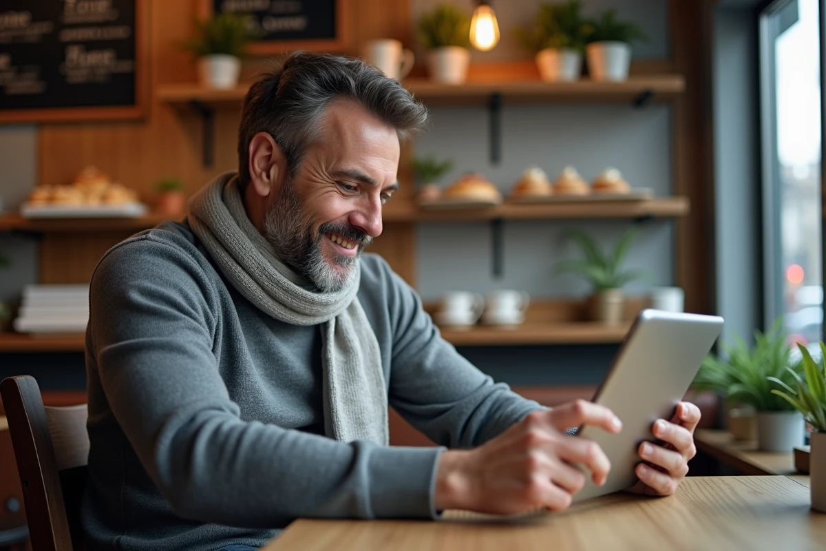 Homme au café utilisant une tablette dans un intérieur chaleureux