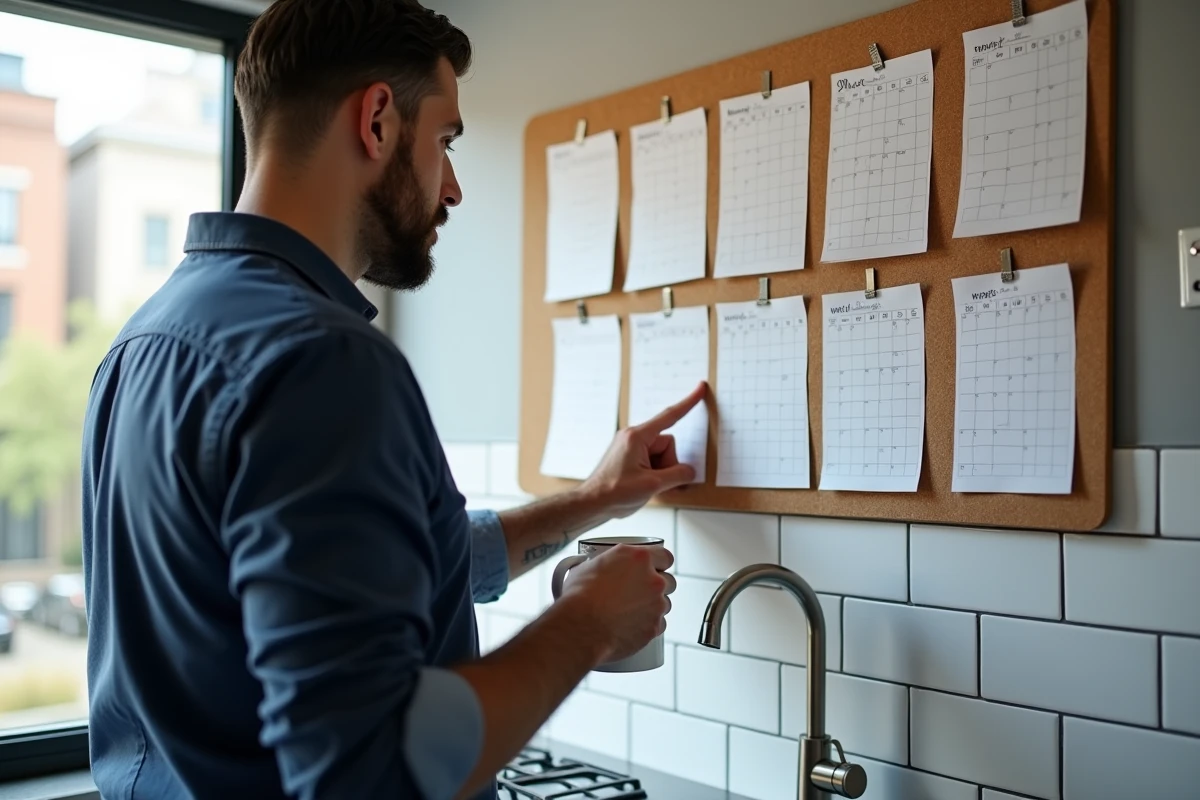 Homme consultant un calendrier semaines paires affiché sur un tableau en liège dans une cuisine moderne
