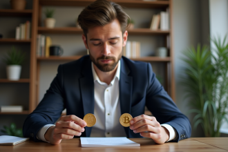 Jeune homme examine deux coins crypto en intérieur