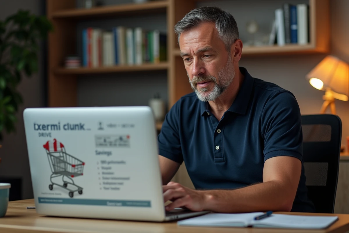 Homme comparant les codes promo Carrefour Drive sur ordinateur portable dans un bureau à domicile