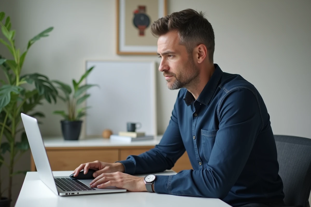 Homme comparant les tarifs d'abonnement YouTube Premium sur un ordinateur portable dans un bureau à domicile