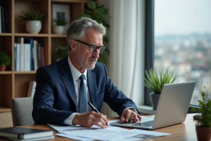 Homme d'âge moyen en costume bleu analyse documents locatifs