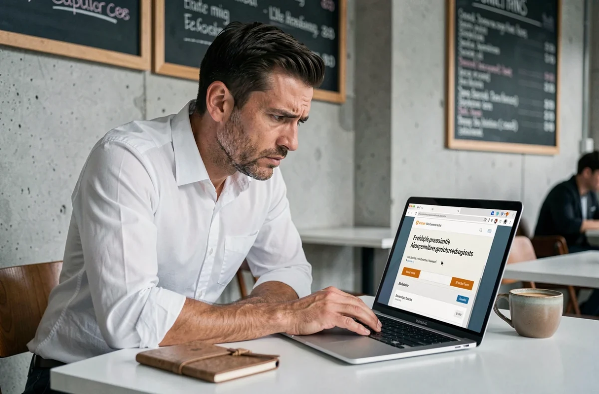Homme consultant un site de grammaire française sur son ordinateur portable dans un café moderne