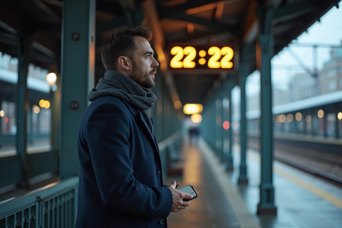 Homme regardant une horloge de gare en soirée