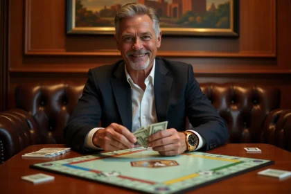 Homme élégant jouant au Monopoly dans un lounge sophistiqué