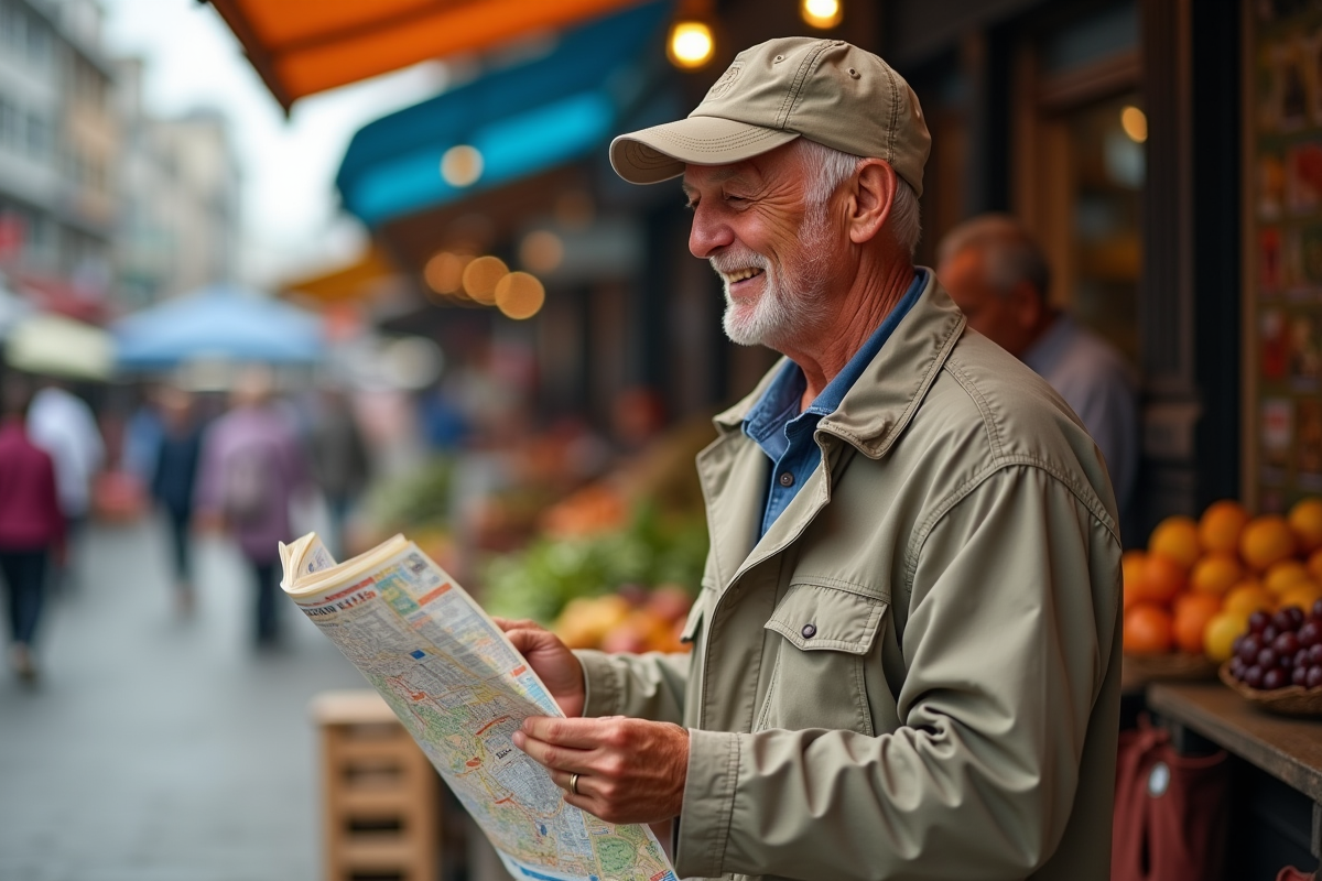 Homme âgé lisant une carte dans un marché animé