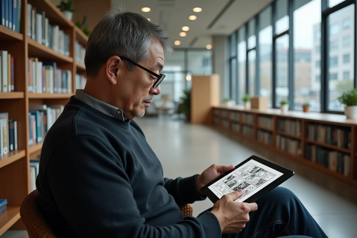 Homme lisant manga sur tablette dans une bibliothèque lumineuse