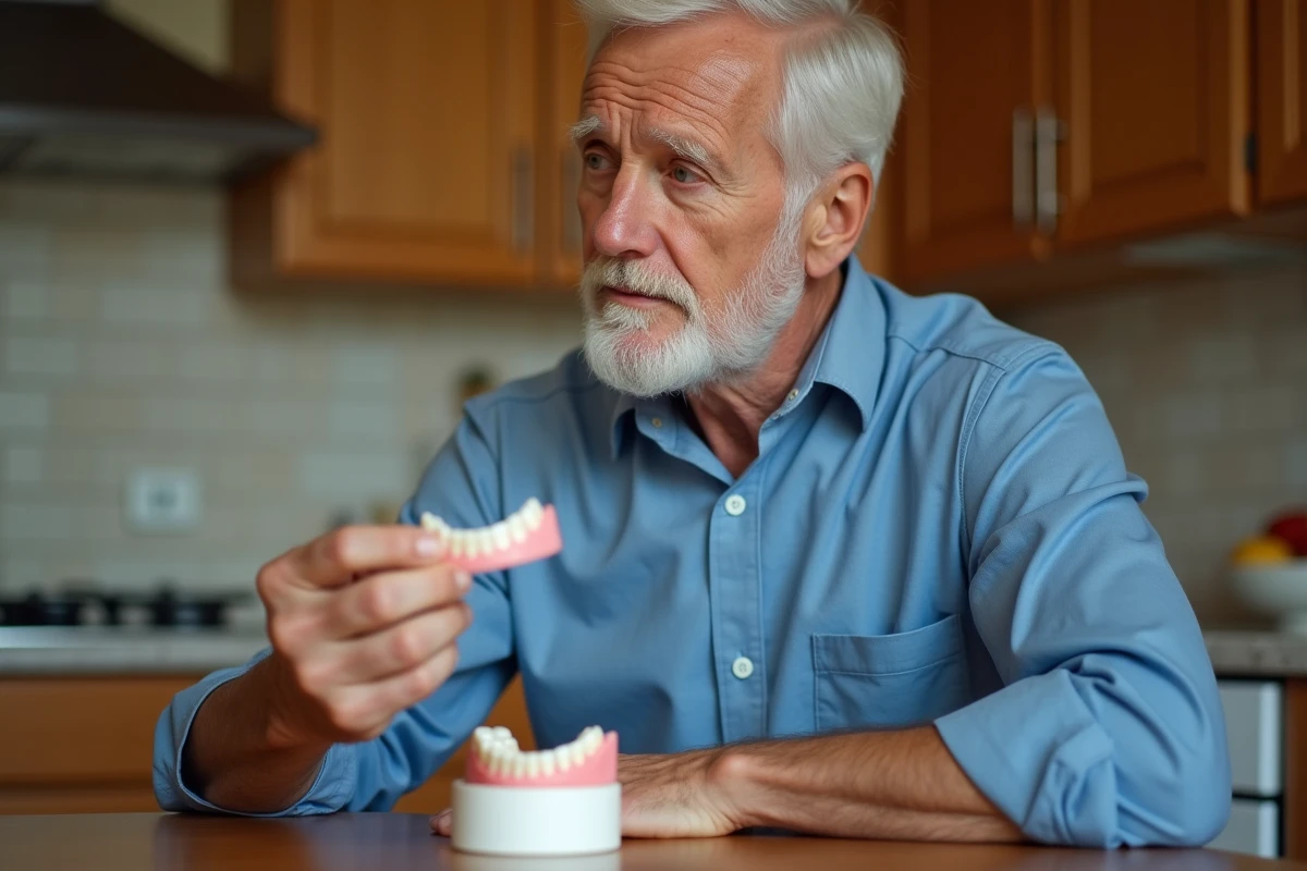 Homme senior examine un bridge dentaire à la maison