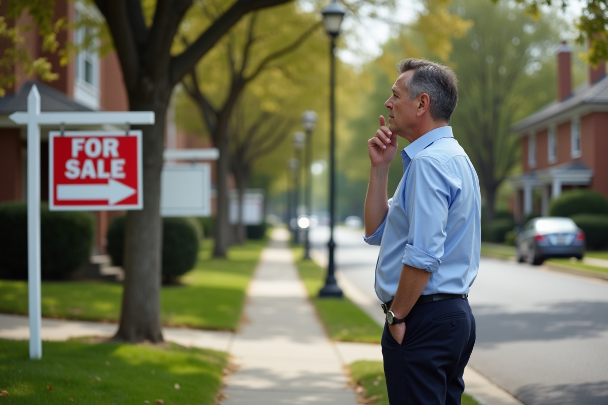 Homme regardant des panneaux immobiliers dans un quartier résidentiel
