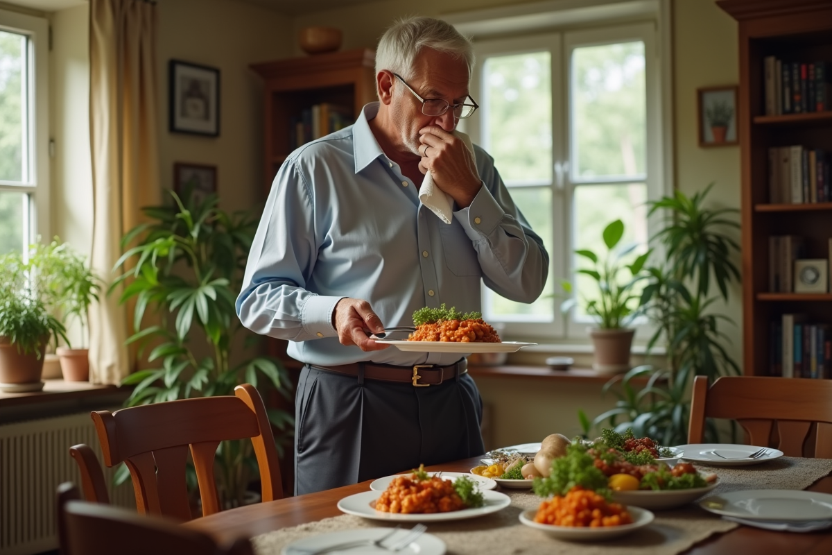 Homme d age savourant un plat épicé dans une salle à manger