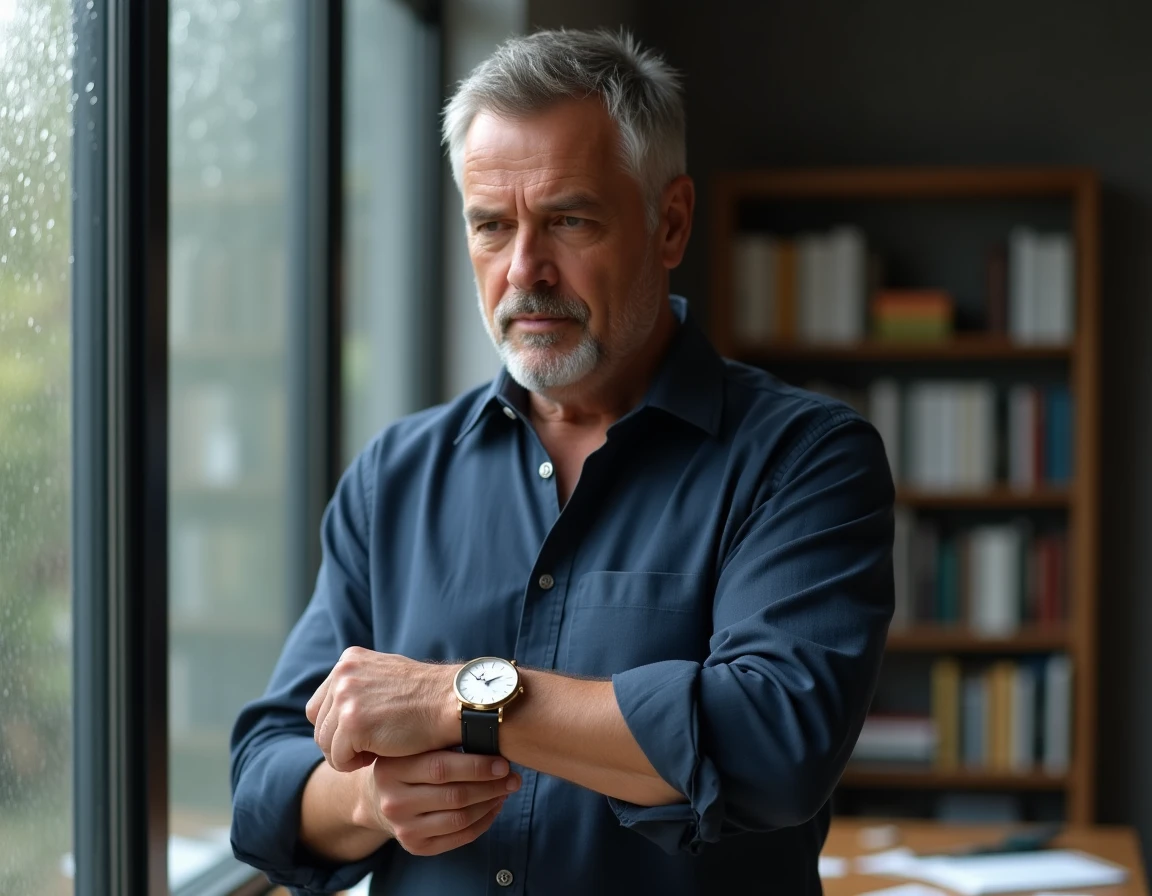 Homme regardant sa montre affichant 15h55 près d'une fenêtre, évoquant la symbolique de l'heure miroir