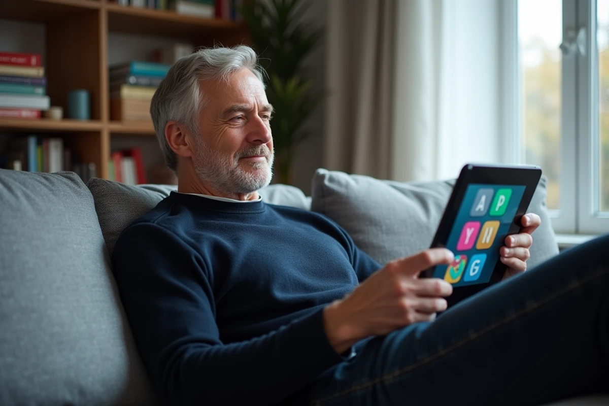 Homme d'âge moyen résolvant une énigme de 7 lettres sur tablette dans un salon confortable