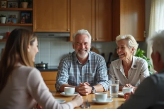 Homme d'âge moyen riant en famille dans la cuisine chaleureuse