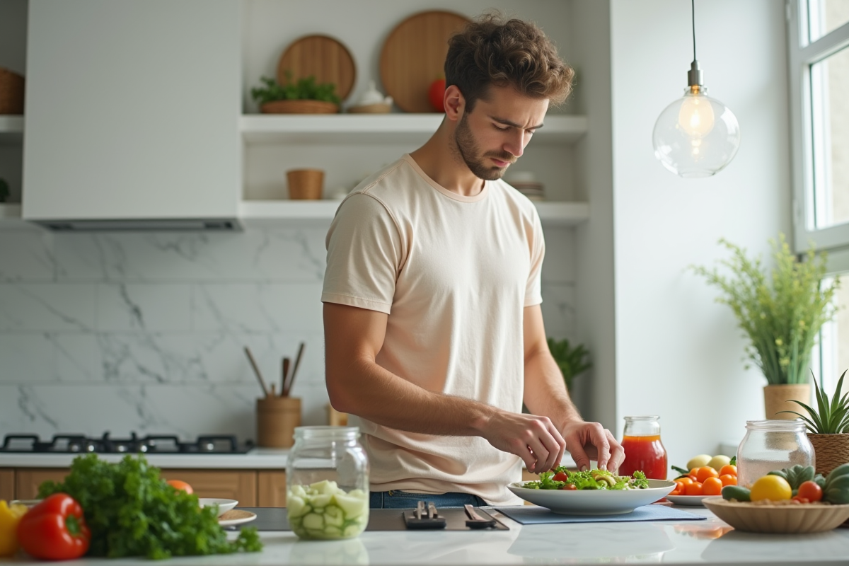 Jeune homme préparant une salade dans une cuisine lumineuse