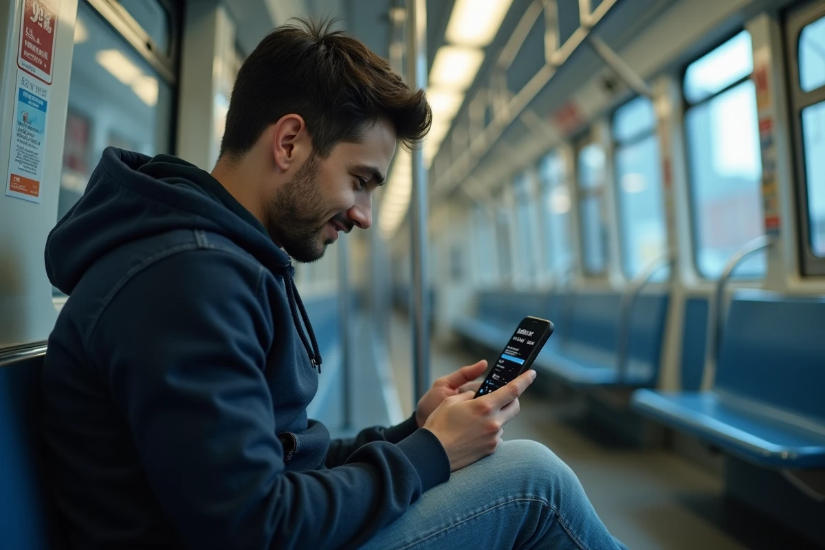 Homme consultant son application de suivi de lecture manga sur smartphone dans les transports en commun