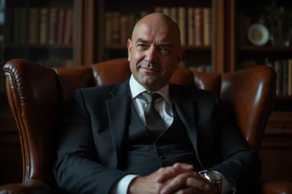 Homme d'âge moyen en costume dans une bibliothèque élégante