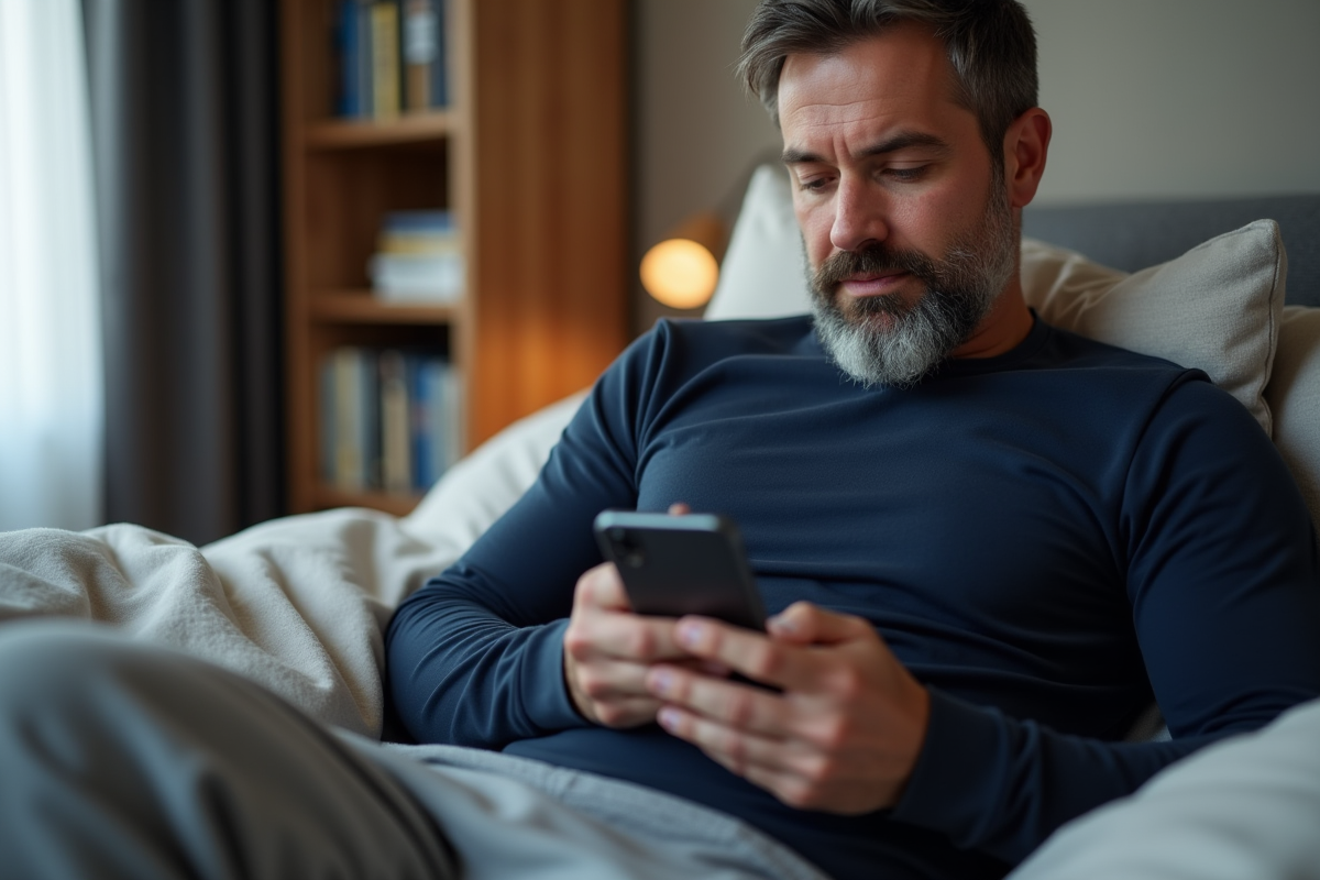 Homme de 40 ans regardant ses données de sommeil sur smartphone