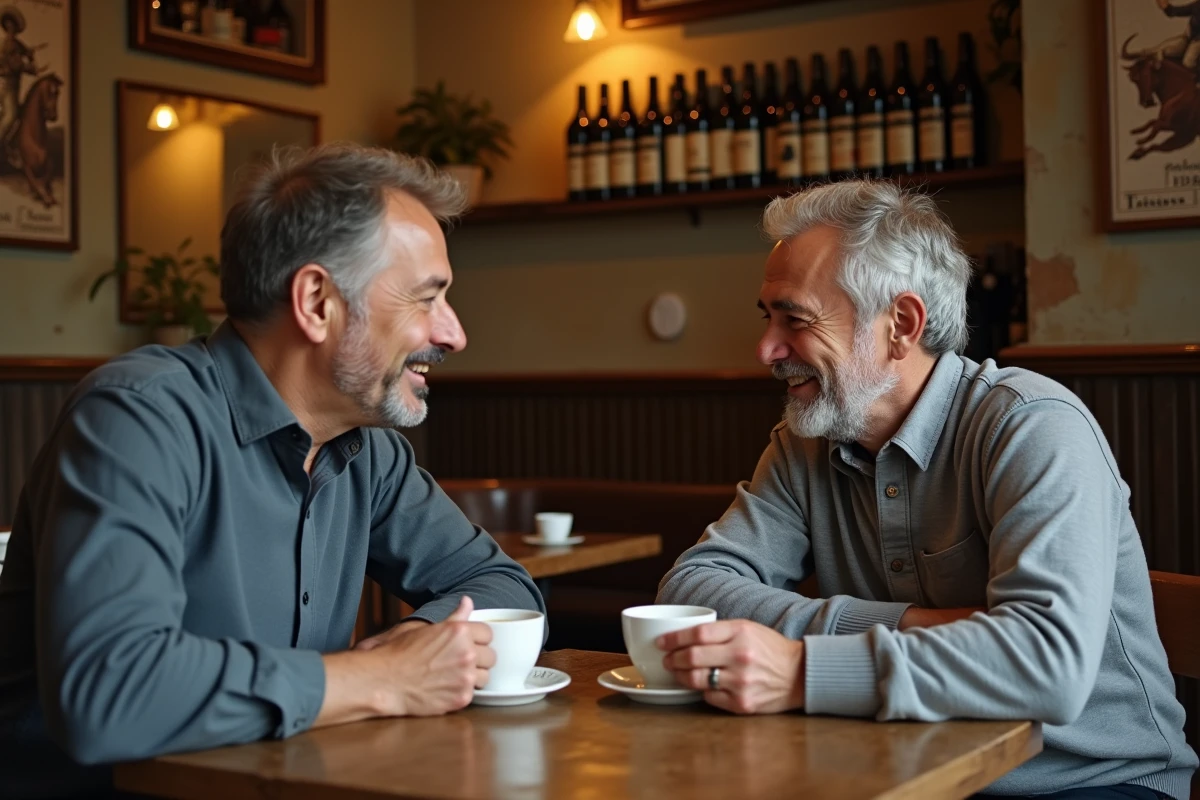 Deux hommes espagnols échangeant des remerciements autour d'un café dans un bar à tapas traditionnel de Séville