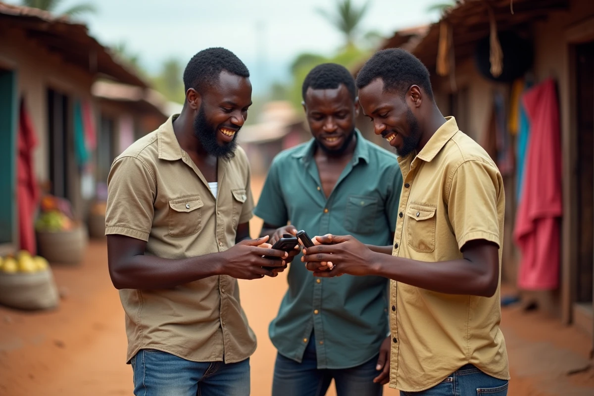 Groupe d'hommes malgaches discutant d'un article ACTUTANA autour d'un smartphone dans un marché local