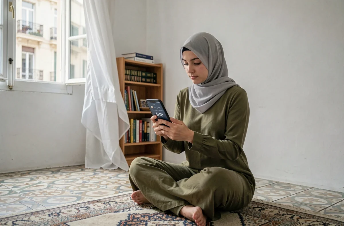 Jeune femme musulmane consultant les horaires de prière sur son téléphone dans un appartement de Marseille
