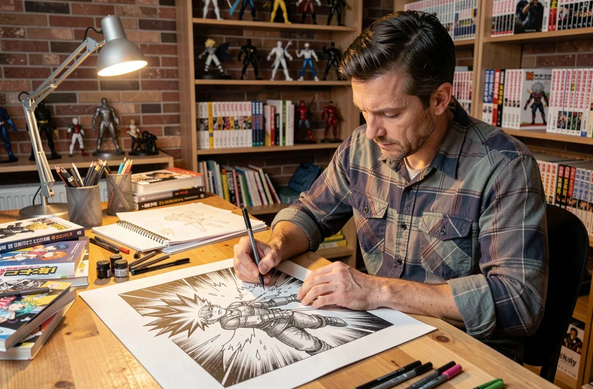 Illustrateur manga dessinant la transformation Super Saiyan de Goku dans un studio créatif authentique