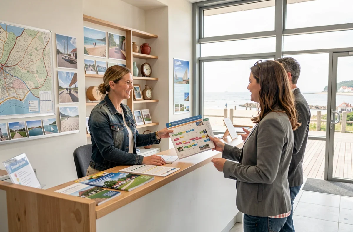 Agent de l'office de tourisme inDeauville accueillant des visiteurs et présentant le calendrier événementiel de la région